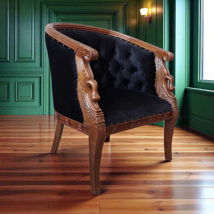 Empire Revival Swan carved Tub Chair ☆ Walnut & Black