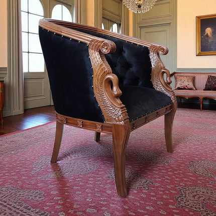Empire Revival Swan carved Tub Chair ☆ Walnut & Black